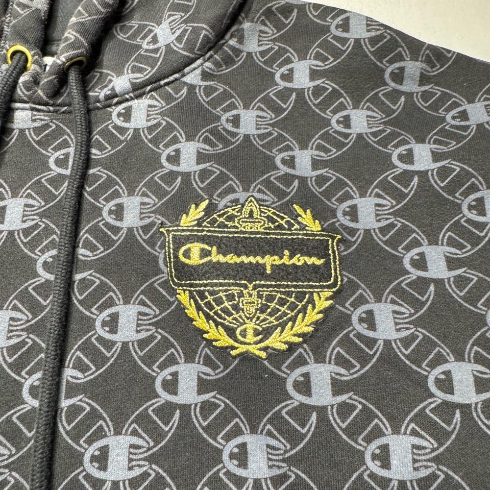 Men’s Champion Black Print Century Collection Drawstring Black Hoodie Size S - Picture 3 of 7